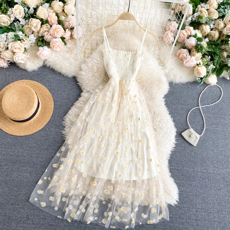 YuooMuoo Korean Fashion Daisy Flower Print Mesh Party Dress Summer Two Layers Spaghetti Strap Vacation Midi Dress Beach Vestidos