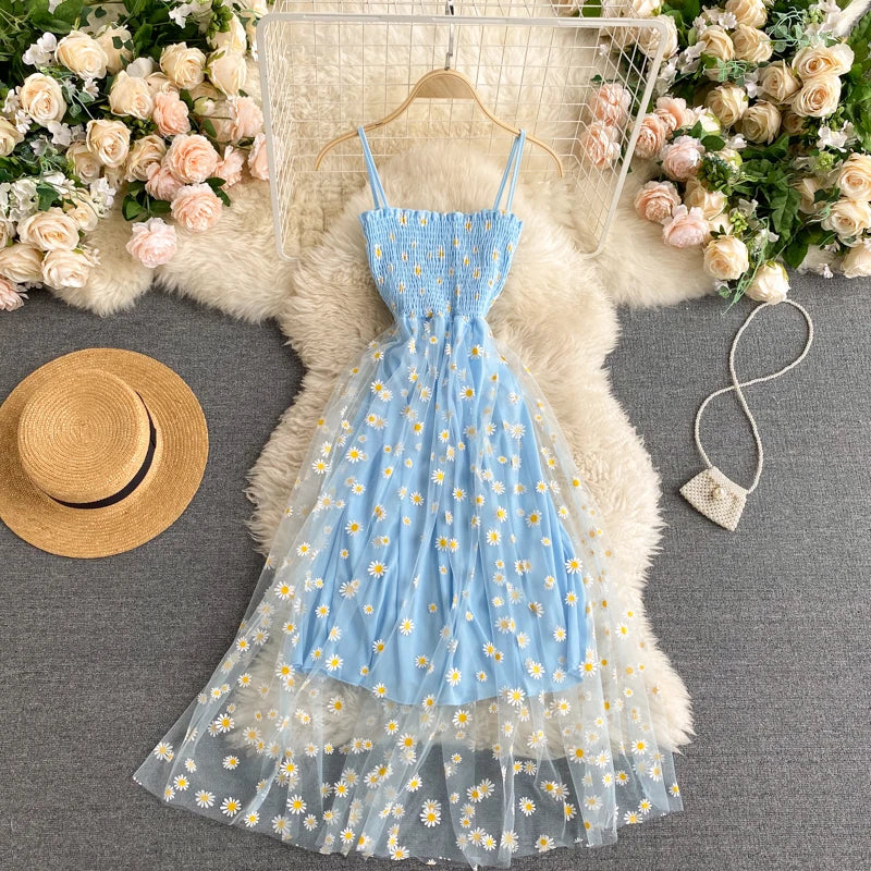 YuooMuoo Korean Fashion Daisy Flower Print Mesh Party Dress Summer Two Layers Spaghetti Strap Vacation Midi Dress Beach Vestidos