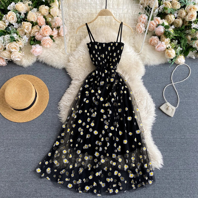 YuooMuoo Korean Fashion Daisy Flower Print Mesh Party Dress Summer Two Layers Spaghetti Strap Vacation Midi Dress Beach Vestidos