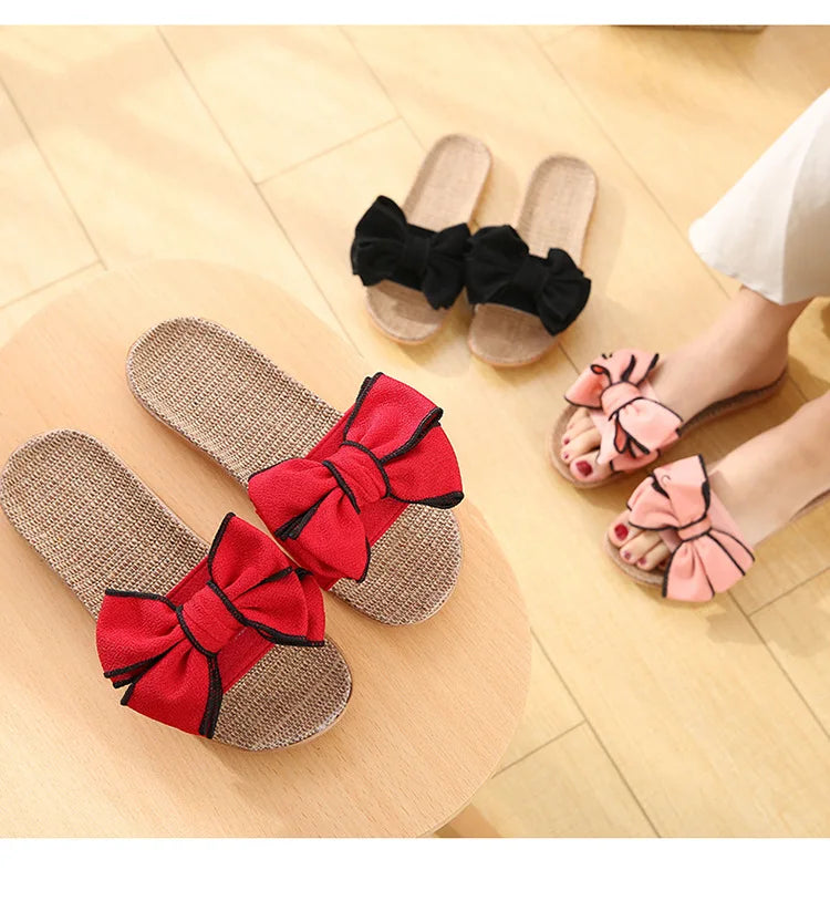 Women Summer Casual Slides Comfortable Flax Slippers Striped Bow Linen Flip Flops Platform Sandals Ladies Indoor Shoes