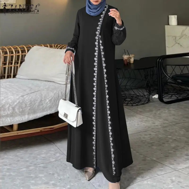 ZANZEA Spring Lace Crochet Maxi Dress Muslim Turkey Abaya Elegant Loose Vestidos Women Long Sleeve O Neck IsIamic Robe Kaftan