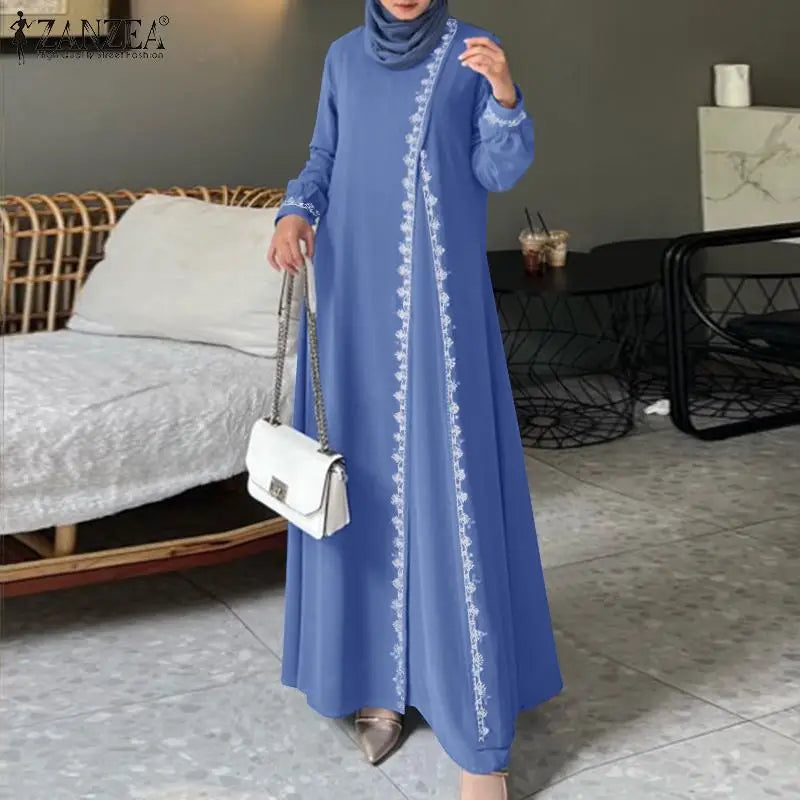 ZANZEA Spring Lace Crochet Maxi Dress Muslim Turkey Abaya Elegant Loose Vestidos Women Long Sleeve O Neck IsIamic Robe Kaftan