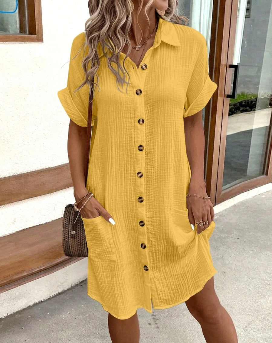 Vintage Women Solid Mini Dress Summer Fashion V-neck Three Quater Sleeve Cotton Linen Dress Ladies Casual Holiday Vestidos