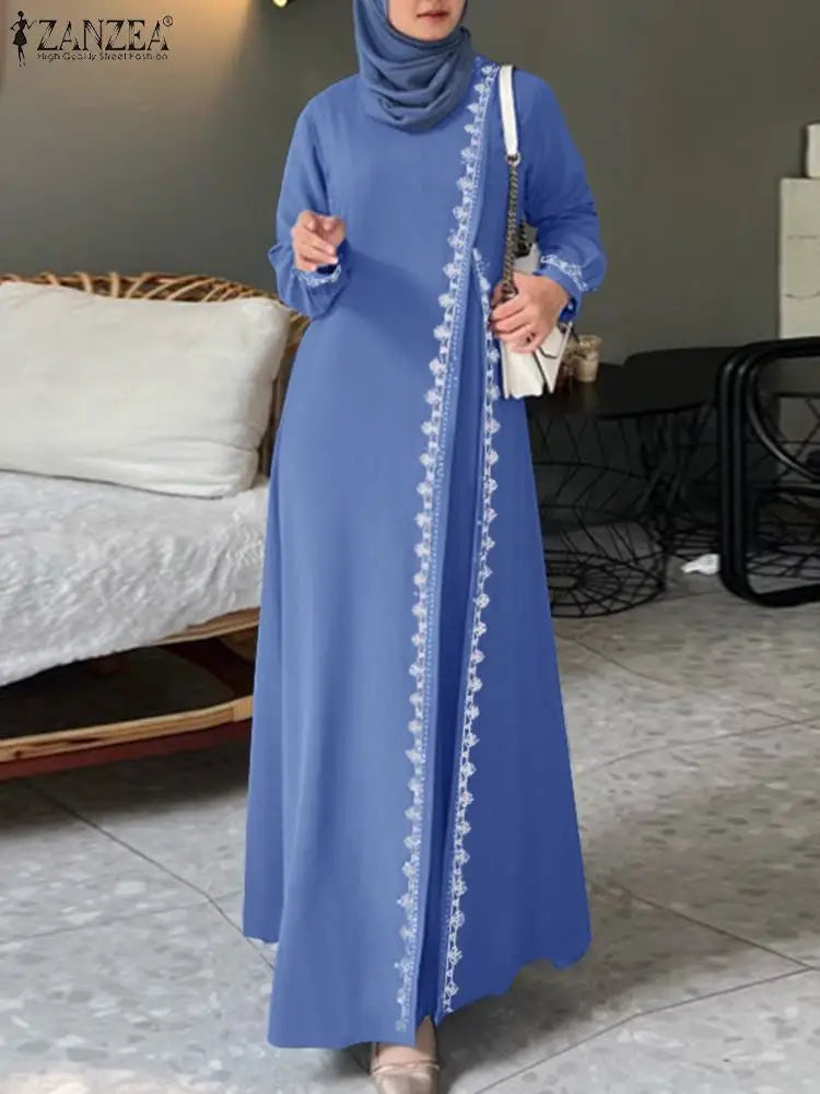 ZANZEA Spring Lace Crochet Maxi Dress Muslim Turkey Abaya Elegant Loose Vestidos Women Long Sleeve O Neck IsIamic Robe Kaftan