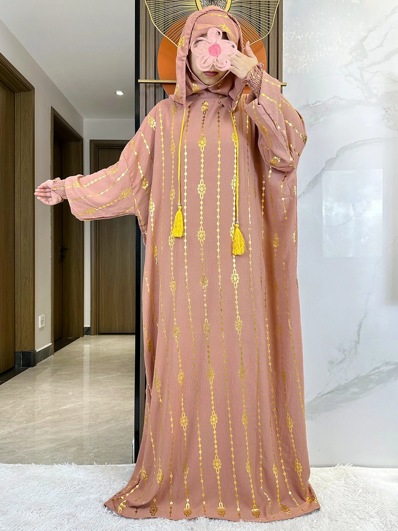 New Cotton Ramadan Muslim Two-Hat Abaya Dubai Turkey Islam Prayer Clothes Gold Dust   Dress Islam Women Dress Kaftan