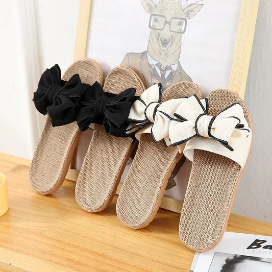 Women Summer Casual Slides Comfortable Flax Slippers Striped Bow Linen Flip Flops Platform Sandals Ladies Indoor Shoes