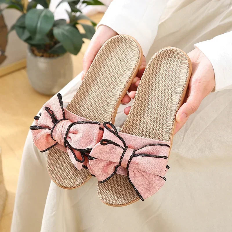 Women Summer Casual Slides Comfortable Flax Slippers Striped Bow Linen Flip Flops Platform Sandals Ladies Indoor Shoes