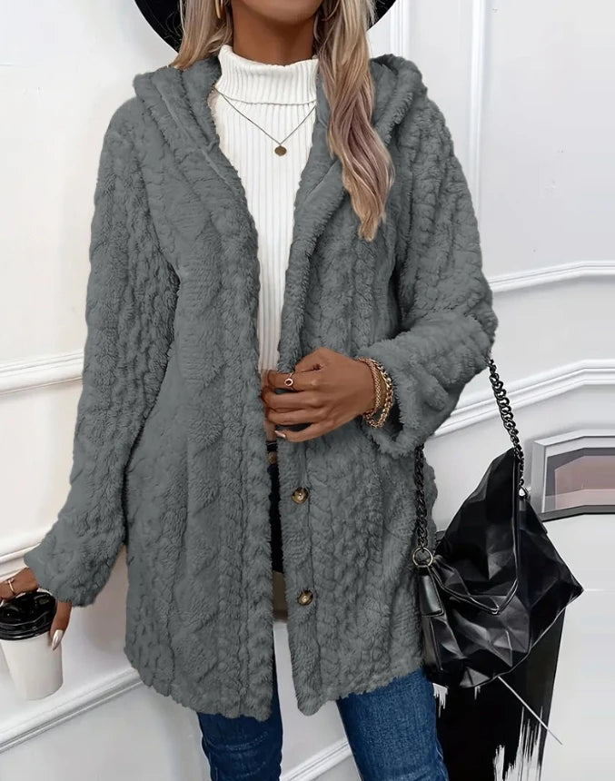 Women's Casual Argyle Textured Pattern Hooded Buttoned Fleece Coat Daily Clothing Autumn New Fashion Women Long Sleeve Jacket