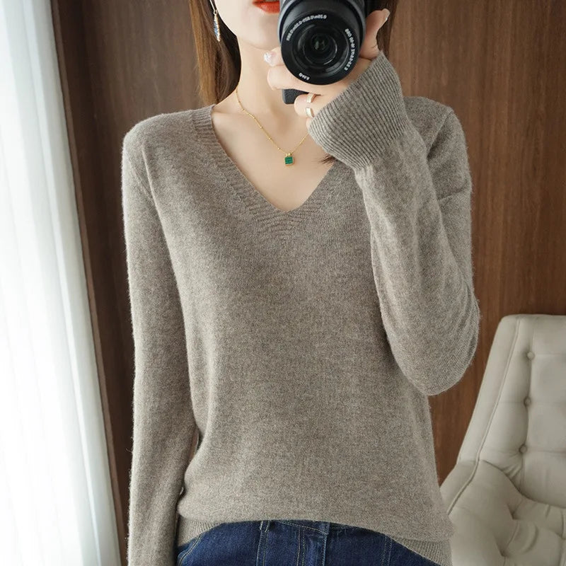 New Cashmere Women's V-neck Pullover Lace Neck Hollow Out Design Casual Knitted Long Sleeve Women's Sweater Autumn And Winter