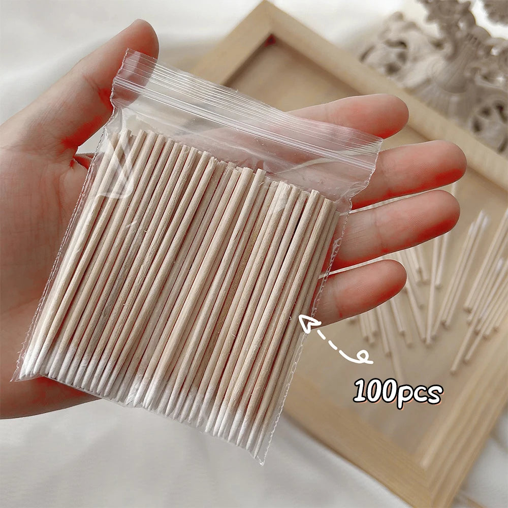 100/300/500Pcs Nails Wood Swab Cleaning Sticks Bud Tip Wooden Cotton Head Manicure Detail Corrector Nail Polish Remover 10cm