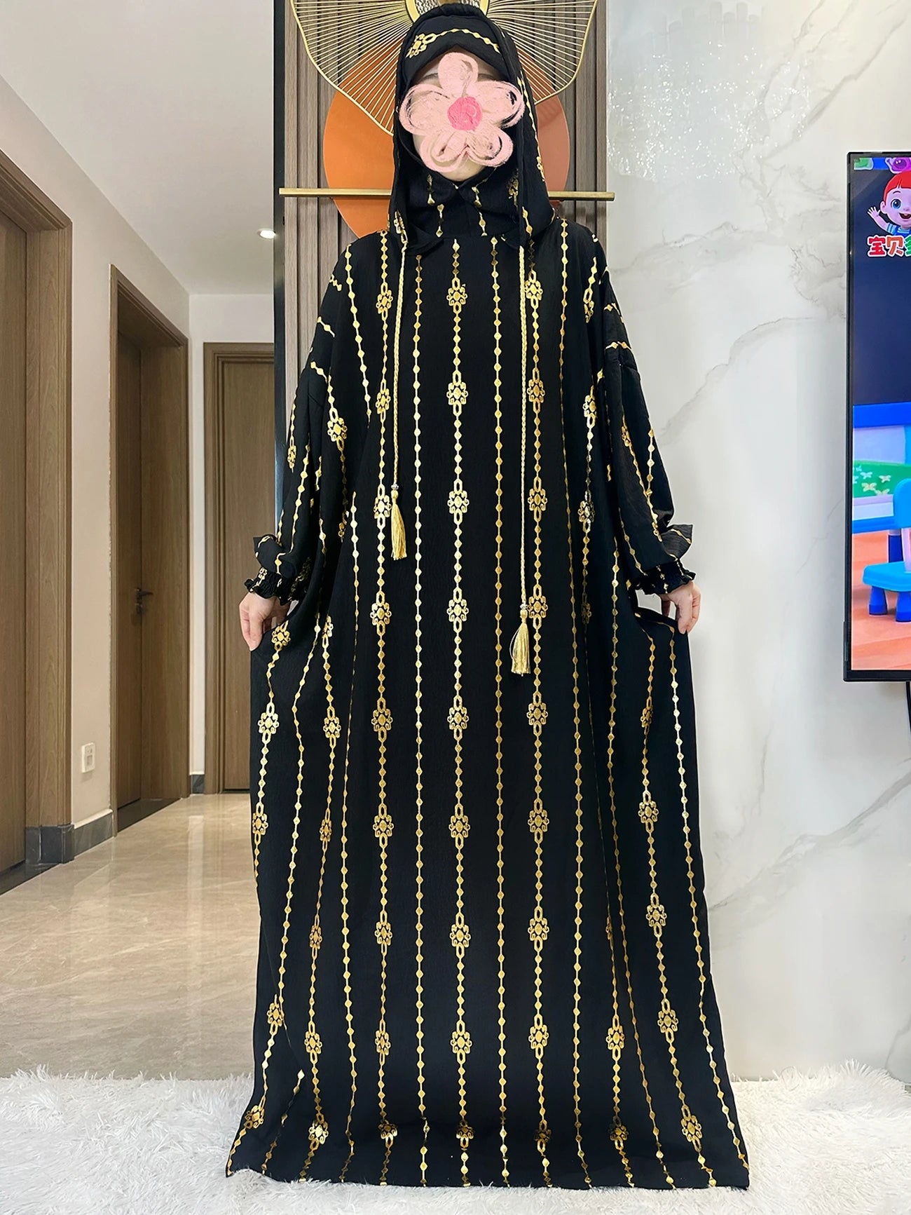 New Cotton Ramadan Muslim Two-Hat Abaya Dubai Turkey Islam Prayer Clothes Gold Dust   Dress Islam Women Dress Kaftan