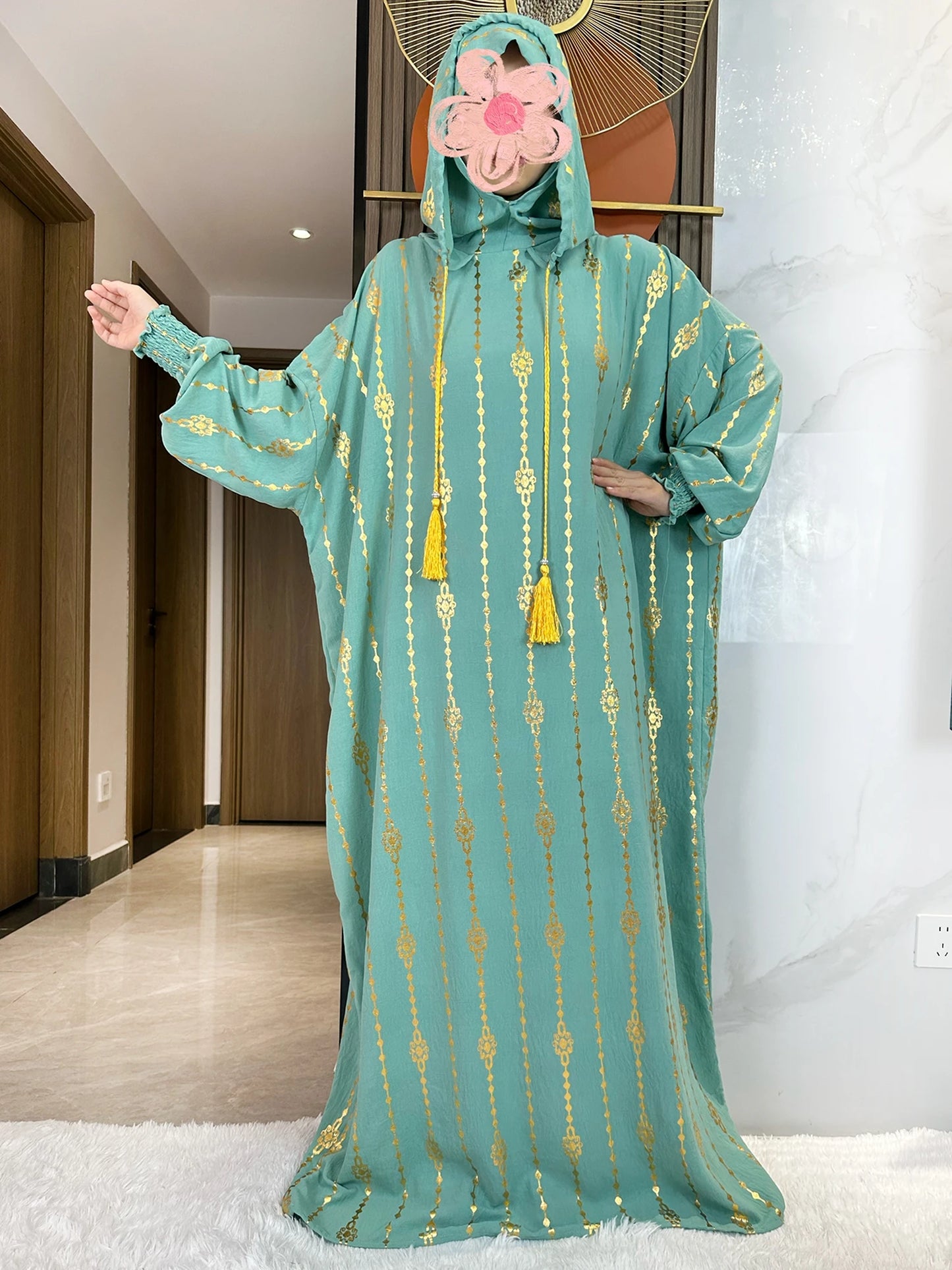 New Cotton Ramadan Muslim Two-Hat Abaya Dubai Turkey Islam Prayer Clothes Gold Dust   Dress Islam Women Dress Kaftan