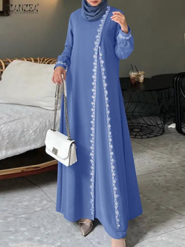 ZANZEA Spring Lace Crochet Maxi Dress Muslim Turkey Abaya Elegant Loose Vestidos Women Long Sleeve O Neck IsIamic Robe Kaftan