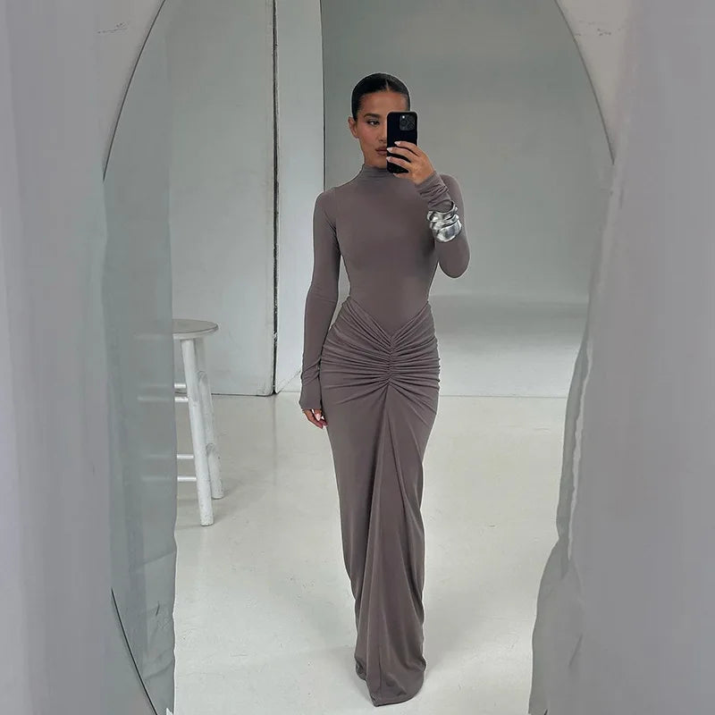 Tossy Pleated Fashion Patchwork Long Dress Women's High Waist Long Sleeve Solid Slim Party Dress Summer 2024 Female Maxi Dress