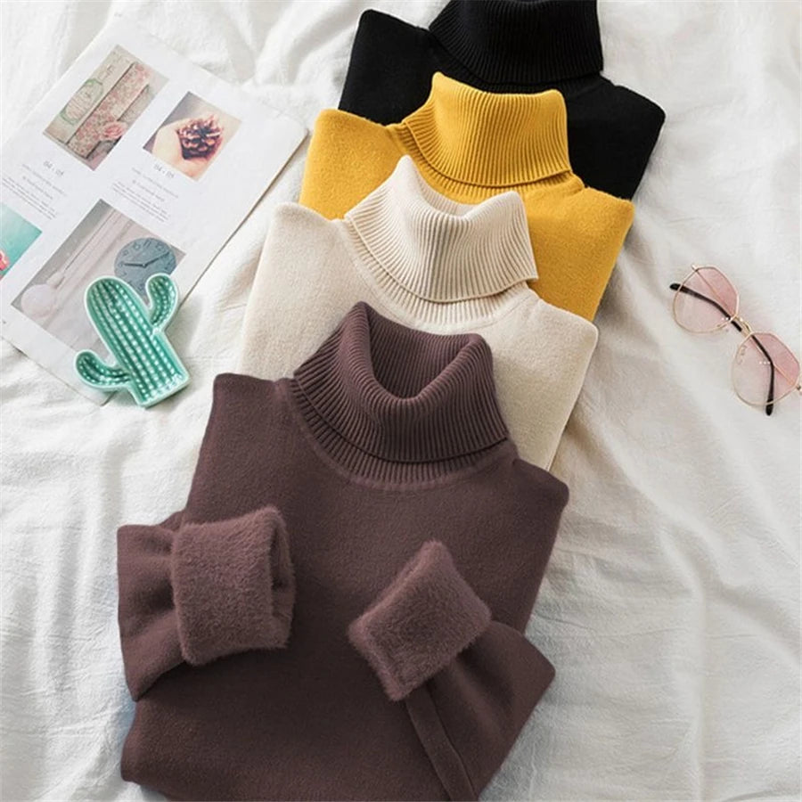 Turtleneck Winter Sweater Women Elegant Thicken Velvet Lined Warm Sueter Knitted Pullover Slim Tops Jersey Knitwear Jumper New