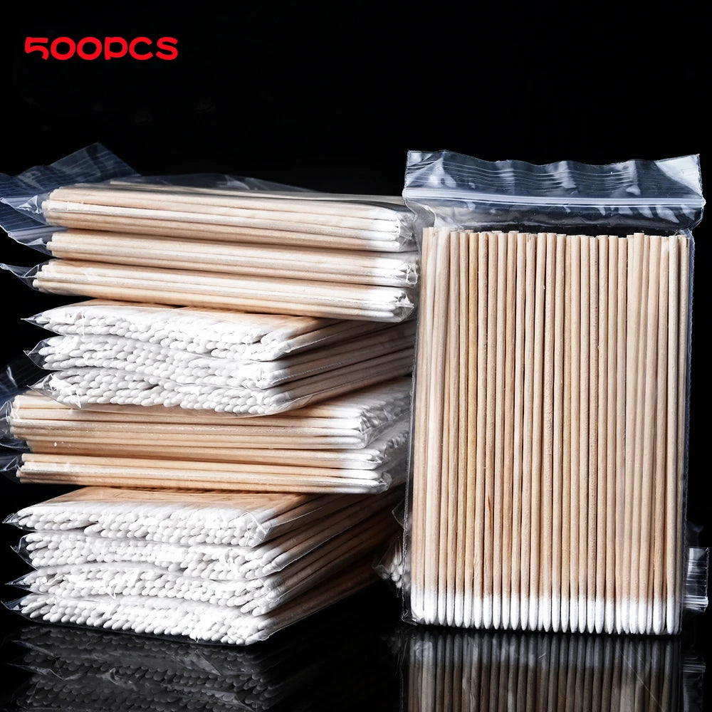 100/300/500Pcs Nails Wood Swab Cleaning Sticks Bud Tip Wooden Cotton Head Manicure Detail Corrector Nail Polish Remover 10cm