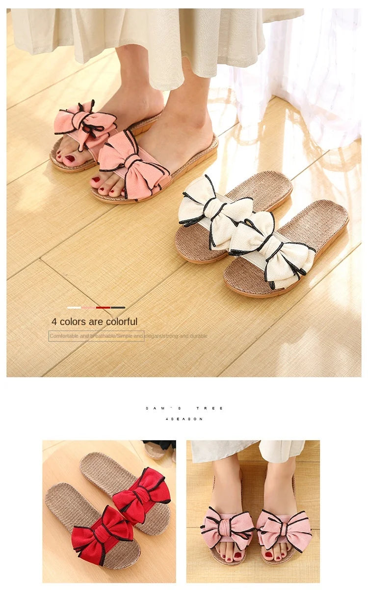 Women Summer Casual Slides Comfortable Flax Slippers Striped Bow Linen Flip Flops Platform Sandals Ladies Indoor Shoes