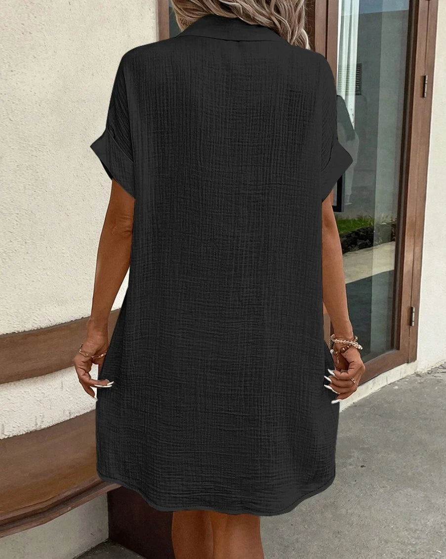 Vintage Women Solid Mini Dress Summer Fashion V-neck Three Quater Sleeve Cotton Linen Dress Ladies Casual Holiday Vestidos