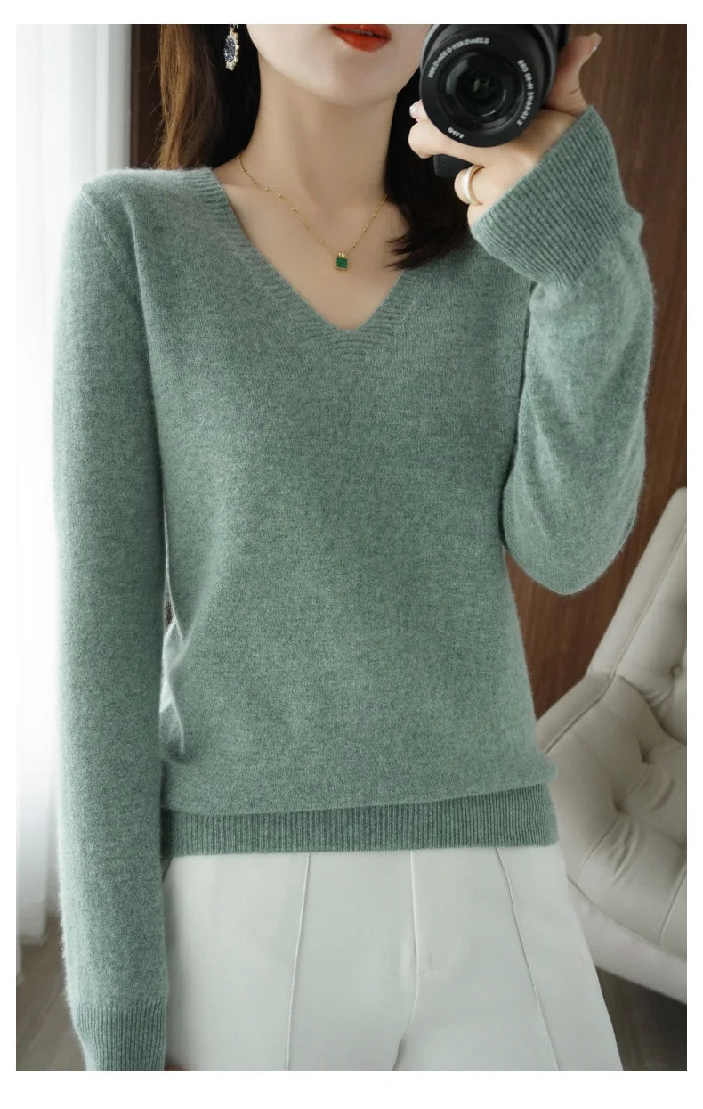 New Cashmere Women's V-neck Pullover Lace Neck Hollow Out Design Casual Knitted Long Sleeve Women's Sweater Autumn And Winter