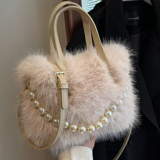 Fairy Handbag Pearl Chain Plush Small Square Bag For Women Fashion Elegant Shoulder Crossbody Bag Autumn Winter Versatile Totes