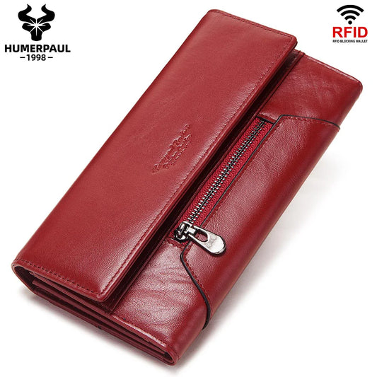 HUMERPAUL Fashion Women Genuine Leather Wallet RFID Blocking Tri-fold Credit Card Holder Luxury Long Female Phone Clutches