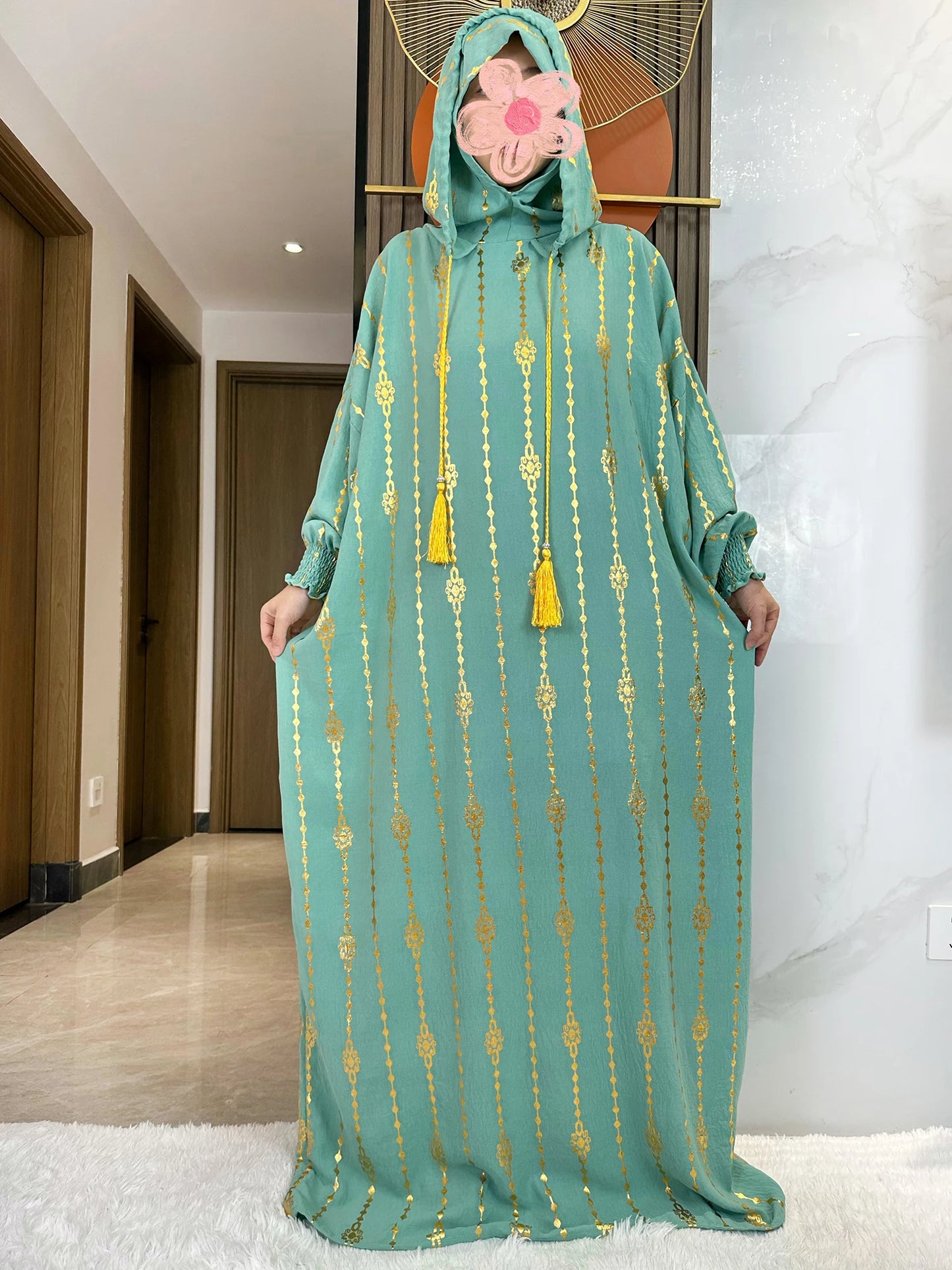 New Cotton Ramadan Muslim Two-Hat Abaya Dubai Turkey Islam Prayer Clothes Gold Dust   Dress Islam Women Dress Kaftan