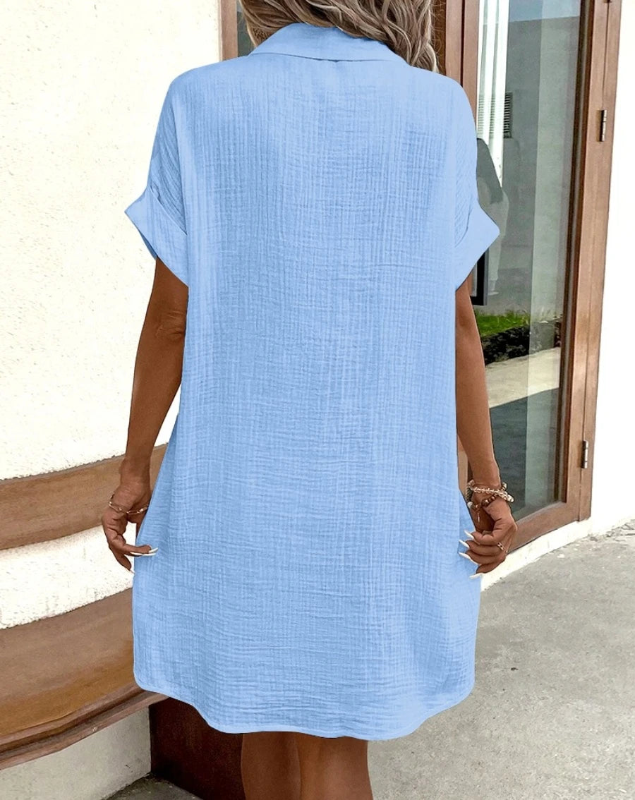 Vintage Women Solid Mini Dress Summer Fashion V-neck Three Quater Sleeve Cotton Linen Dress Ladies Casual Holiday Vestidos